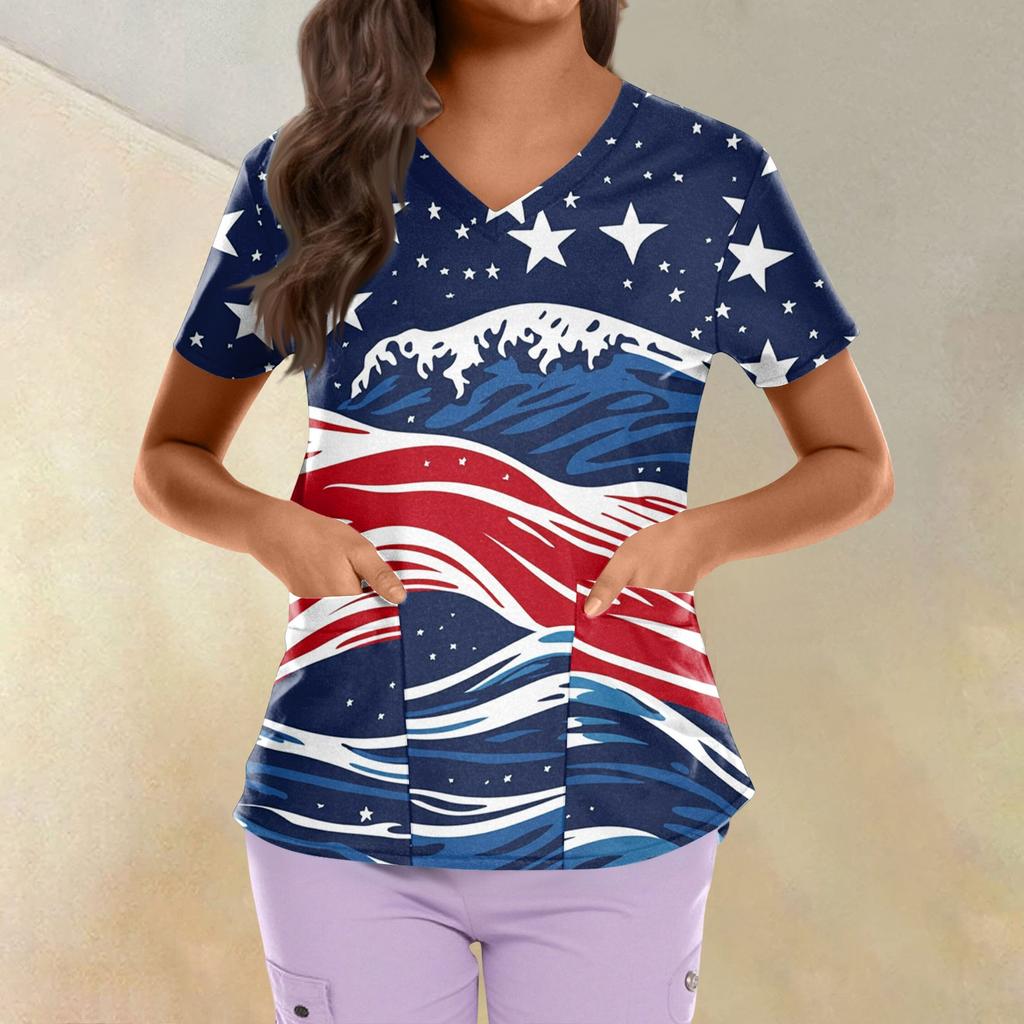 Plus Size Printed Scrub Working Uniform Tops For Women's Cross V Neck Independence Day Print Short Sleeve Fun T-Shirts Workwear Tee With Pockets