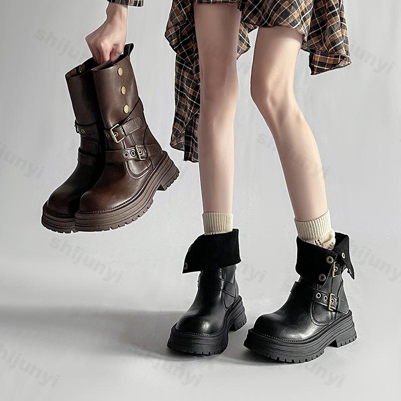 Stivali di Pelle con Rialzo da Donna alla Moda Autunno Inverno Fibbia Cintura Stivaletti Chelsea alla Moda Scarpe Casual Comode Vintage Antiscivolo