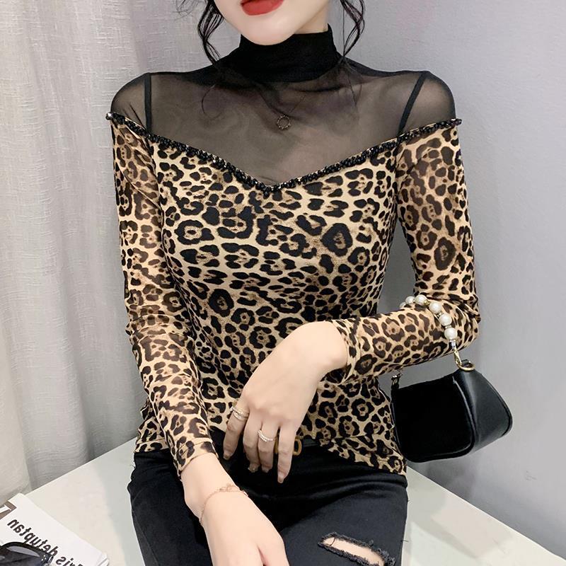 

European Autumn 2024 Mesh Beaded Semi-High Neck Long Sleeve Women s Top M