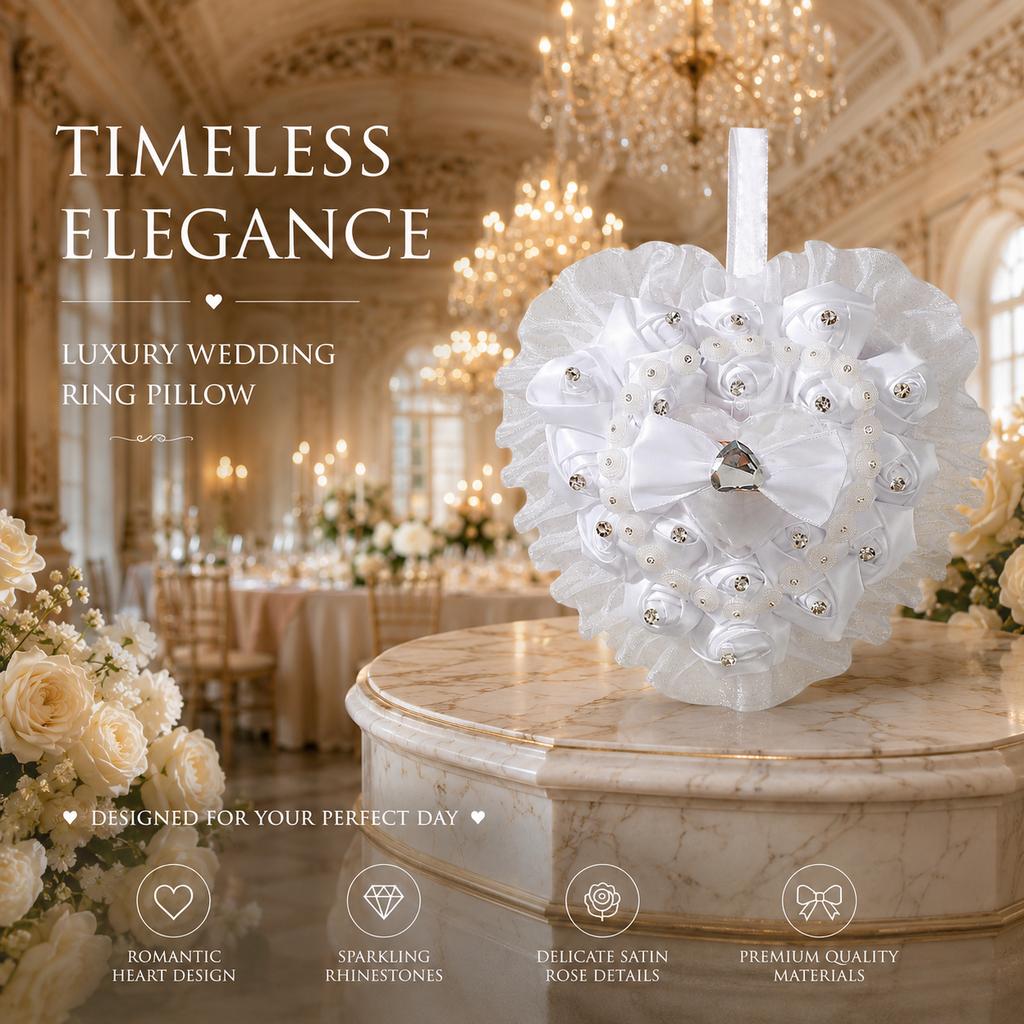 Weißes Herzförmiges Ringkissen mit Satins Rosen, Strass-Akzenten und Organza-Bordüre für die Hochzeitszeremonie