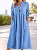 European American Retro Cotton Linen V-Neck Pocket Dress - Casual, Loose, Seven-Sleeve Spring Fashion for Women