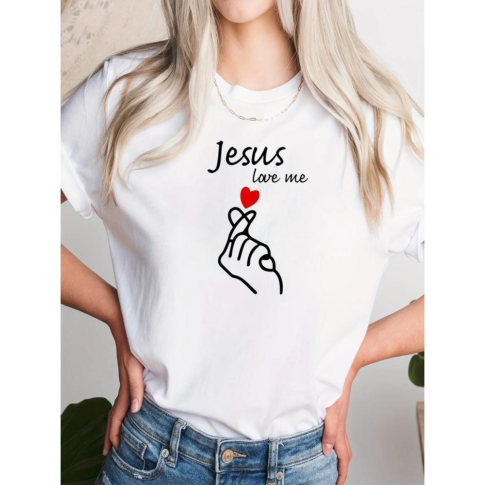 Summer Womens Fashionable Jesus Loves Me Heartshaped Printed Casual and Comfortable Loose Round Neck Short Sleeved Tshirt Top