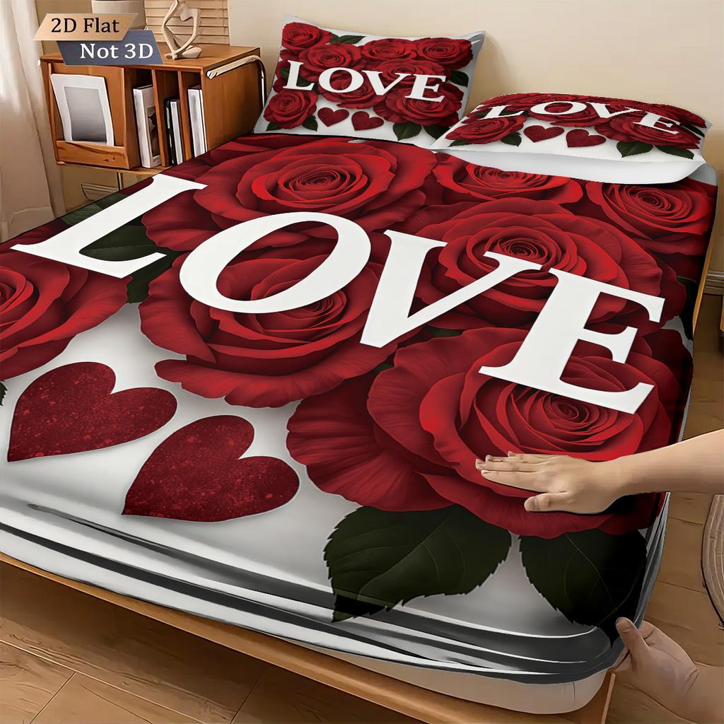 3pcs Valentine's Day Red Rose Print Coreless Bed Sheet Set Multi Size Soft Bedcover Bedroom Bedding Decoration Machine Washable