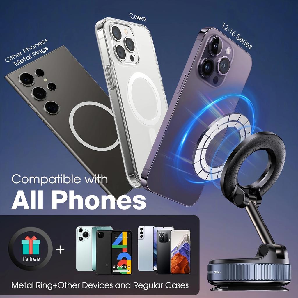 2026 Upgraded Vacuum Magnetic Car Phone Holder 360° Reinforced 96LBS Ultra Suction Cup Phone Holder, N52 Strong Magnet