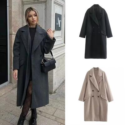 Autumn and Winter New Women's Fashion and Casual Versatile Flip Collar Double Breasted Button Long Woolen Trench Coat