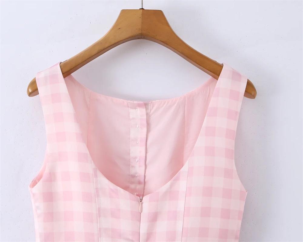 Women's Retro Pink Plaid Sleeveless Tank Dress - Petite, Waist-Cinching, A-Line, Short Skirt