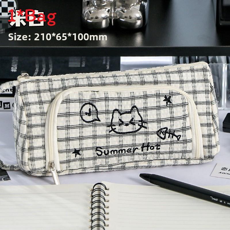 Cute Cat Lattice Pattern Pen Case With Fabric Material For Students And Girls