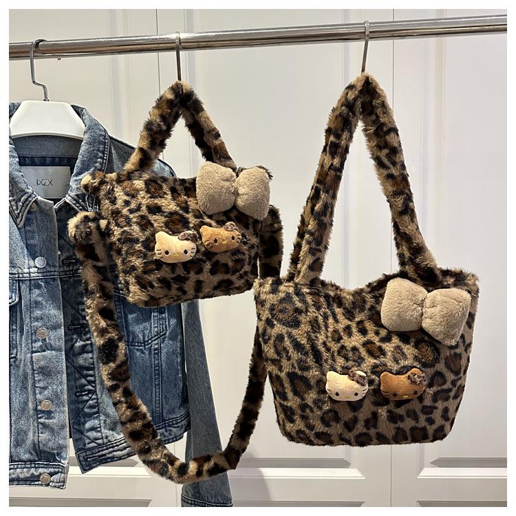 Leopard Print Fuzzy Retro Bucket Shoulder Bag, Large Capacity, Winter 2025 Women's Crossbody Underarm Bag