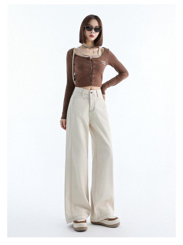 Women's High-Waisted Dark Blue Wide-Leg Jeans - Autumn 2024 Slimming Loose Drape Straight-Leg Pants