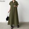 Women Casual Turn Down Collar Loose Short Sleeve Long Dress