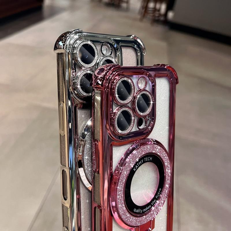 Plating Bling Glitter For Magsafe Bracket Holder Case For Iphone 17 16 Pro Max 15 Plus 14 13 12 11 Magnetic Stand Clear Cover