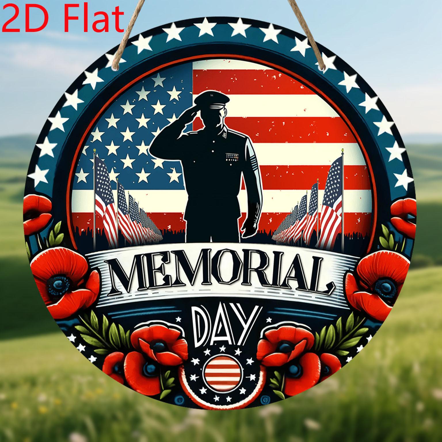 2D Flat, 1PC, Memorial Day, Round Wooden Hanging Decorative Sign and Plaque, Soldier Salute and American Flag Design, for living room, bedroom 20cm