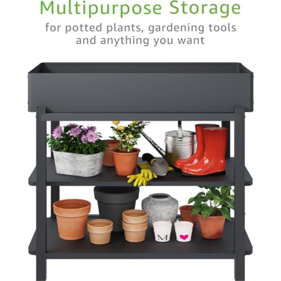 Metal Raised Garden Bed with Trellis 2-Tier Storage Shelf Elevated Planter Box with Legs - Includes 3 Flower Pots Outdoor Verti