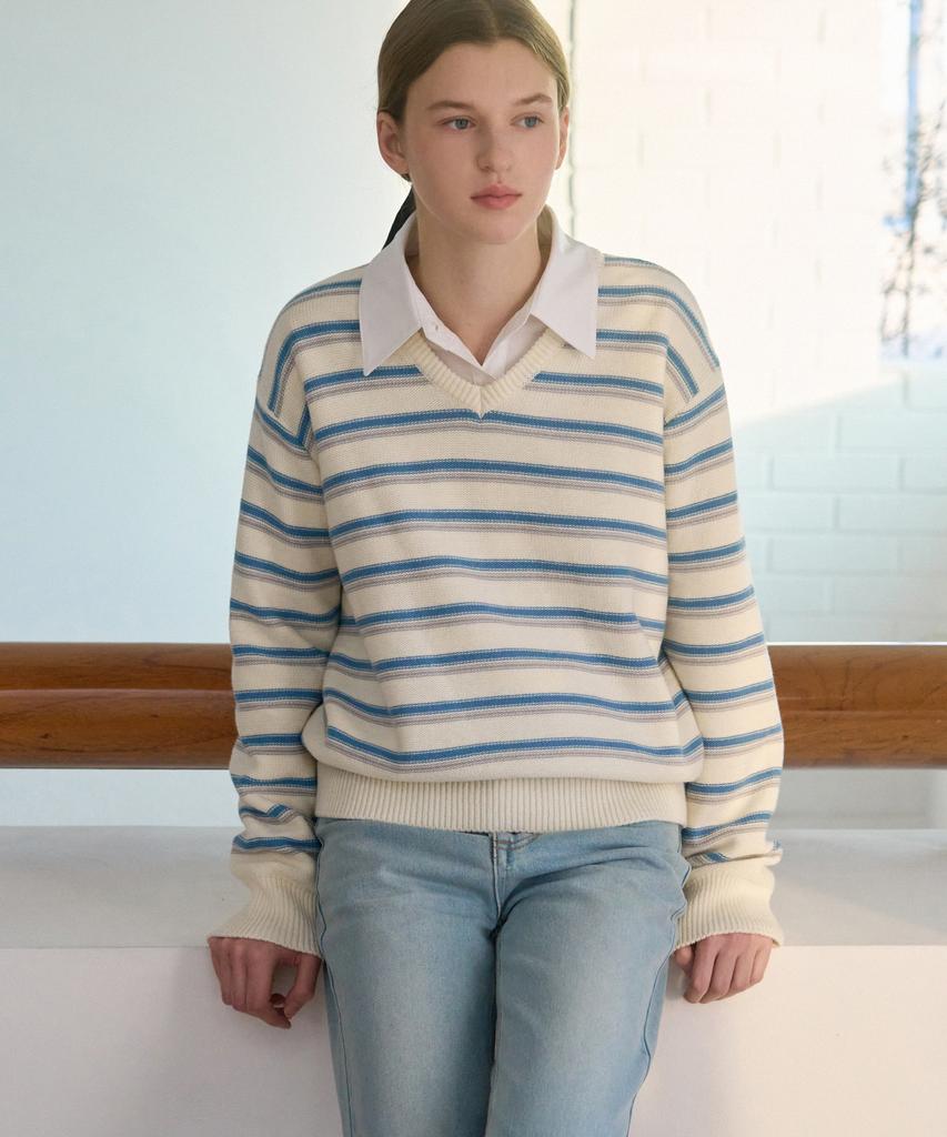 Deuloupisumeon Ripple Stripe Cotton V-Neck Knit [Black]