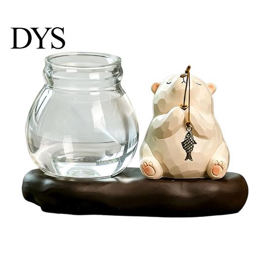 Modern Desktop Plant Holder Leisure Fishing Frog/Cat/Panda/Bear Statue Ornaments, Clear Mini Vases Miniature Cute Animal Ornaments Figurines