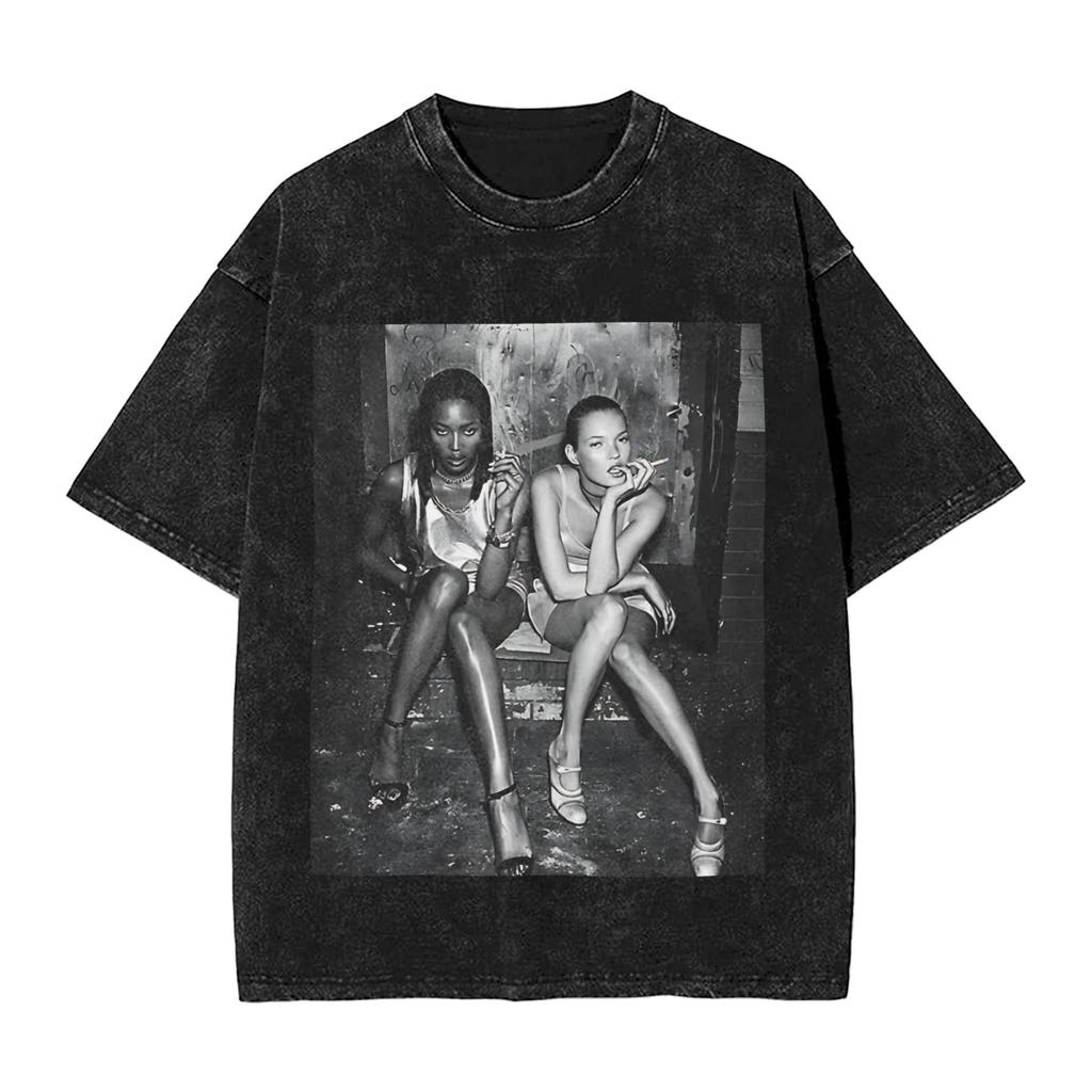 Novelty Kate Moss T-Shirt For Men Round Neck Cotton Washed T Shirt Short Sleeve Tee Shirt Printed Clothing