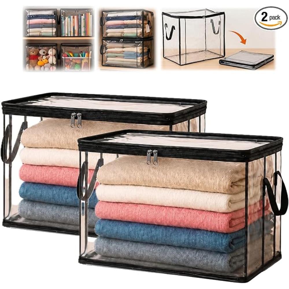2 Stück Große Transparente PVC-Aufbewahrungsbeutel, Robuste Dicke Kunststoff-Aufbewahrungsboxen für Kleidung Decken Spielzeug, Faltbare Aufbewahrungsbehälter für Umzug und Kleiderschrank