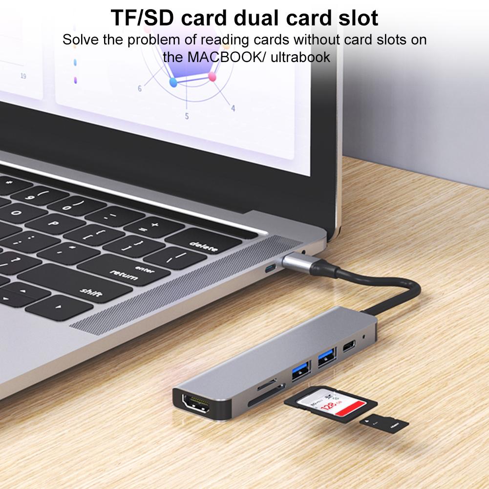 6 In 1 USB C Hub 100W PD 4K HDMI-Compatible USB Splitter SD/TF Card Reader Type-c Hub for USB C Laptops and Other Type C Devices