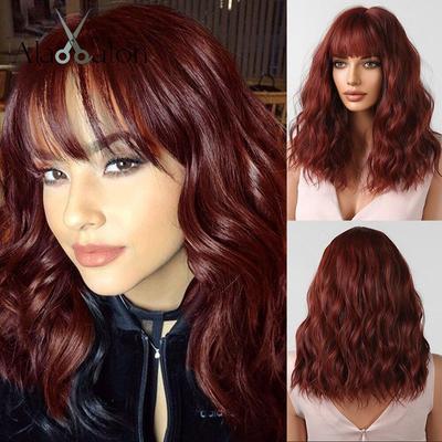 Perruques synthétiques ondulées courtes rouge marron avec frange, perruques de Cosplay de fête résistantes à la chaleur, cheveux naturels fabriqués à la Machine pour femmes
