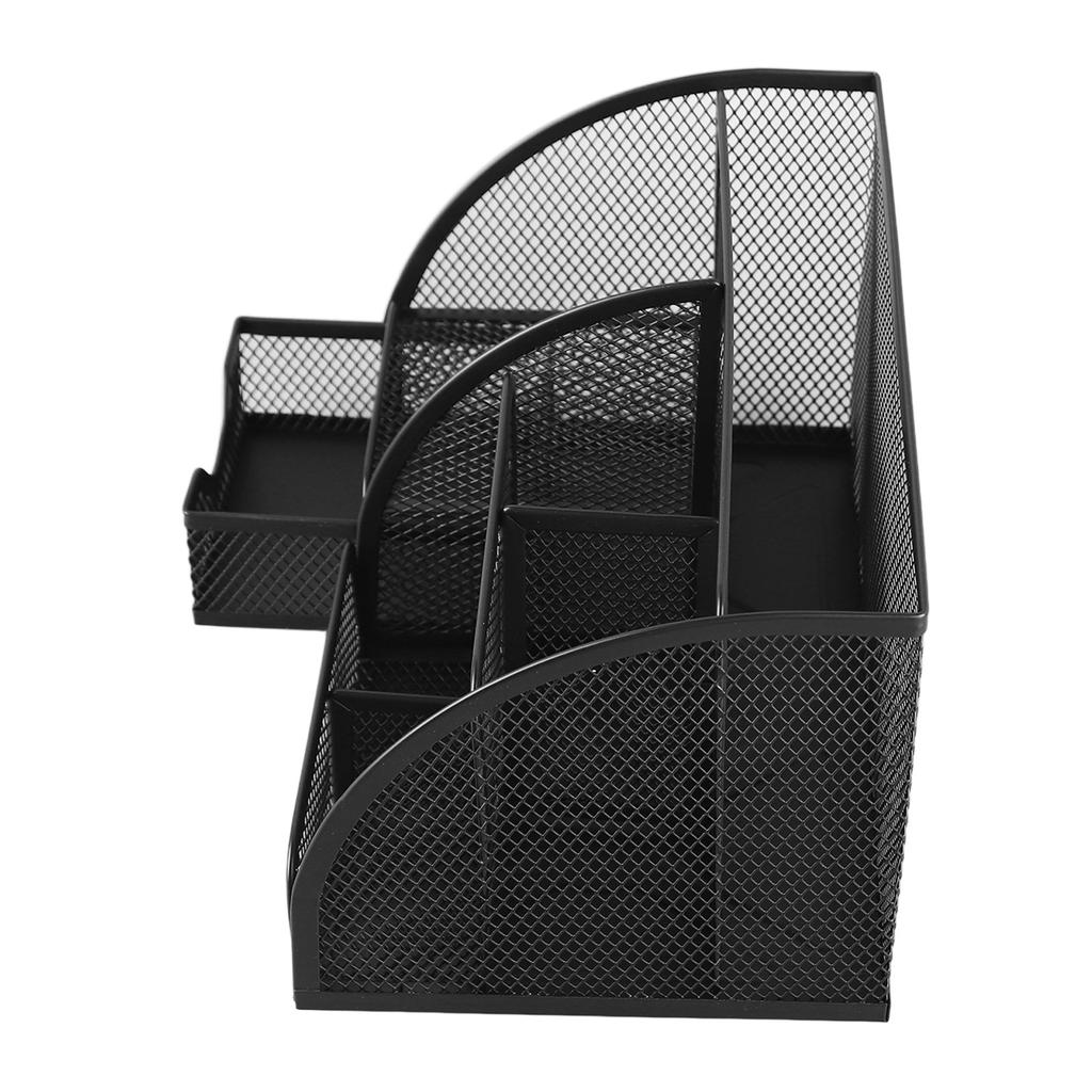 Organizator de birou tip plasă multifuncțional metalic cu 7 compartimente suport pentru pixuri cu sertar negru