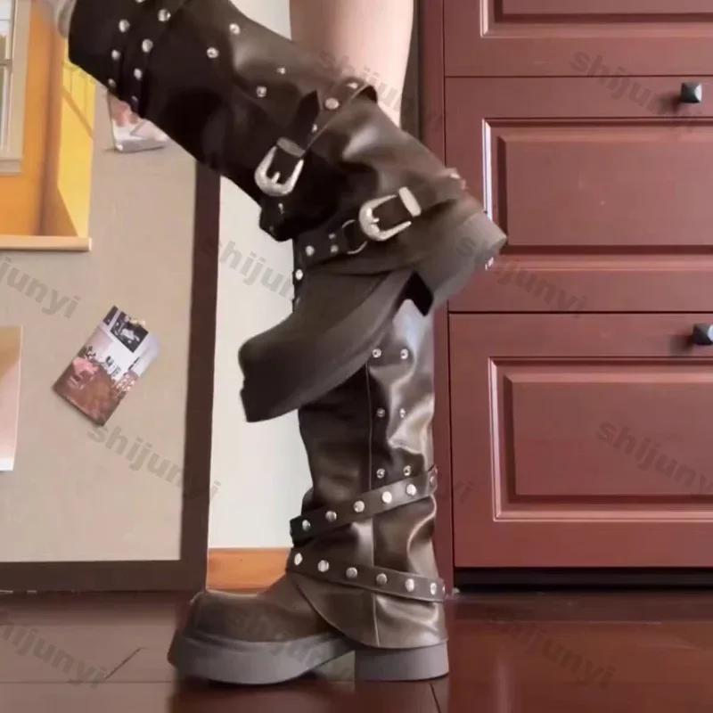 Fashion Women Platform Ankle High Pants Boots Winter Leather New Trend Fashion Designer Rivet Buckle Thick Soled Chelsea Botas Mujer