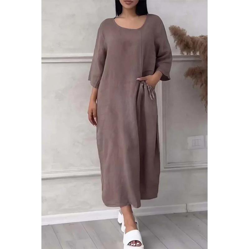 2024 Women's Cotton Linen Solid Colored Casual Button Long Dress with Round Neck