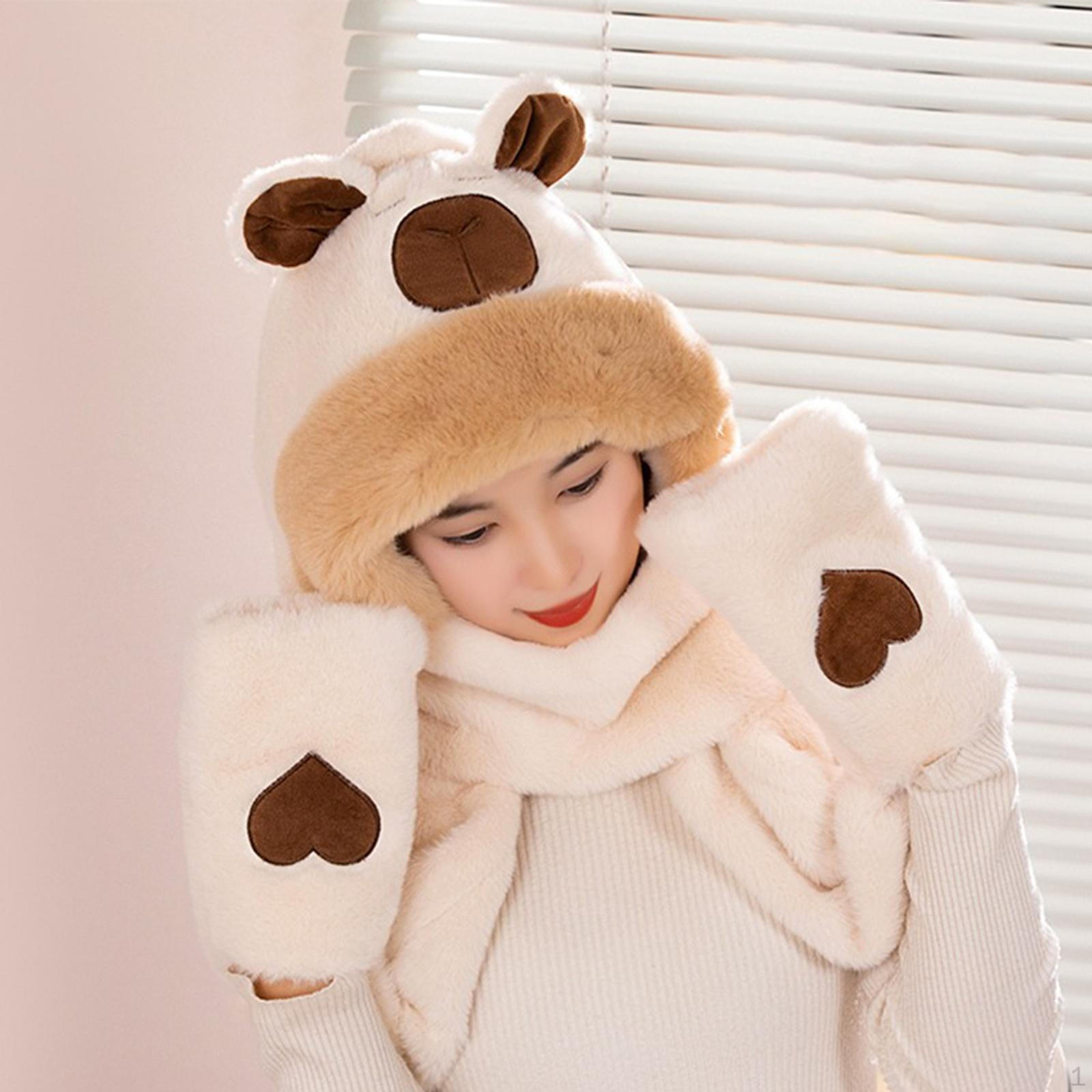 

3 в 1 шапка с изображением животных, шарф и перчатки для женщин зимой бежевый