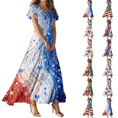 Women's Summer Casual Fashion Print Color Dresses V-Neck Short Sleeve Dresses