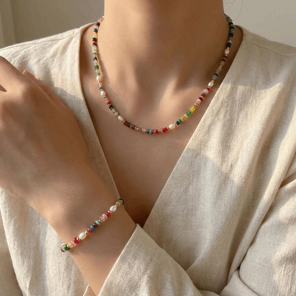 Natural Beads Stone Jewelry Elegant Female Jewelry New Freshwater Pearl Necklace Bracelet  Women