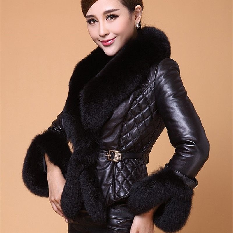 Imitation fur jacket women's short imitation fox fur collar large size leather cotton-padded jacket leather fashion waist