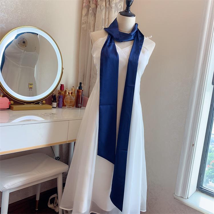 Navy Blue Solid Silk Ribbon Belt with Skirt Decoration