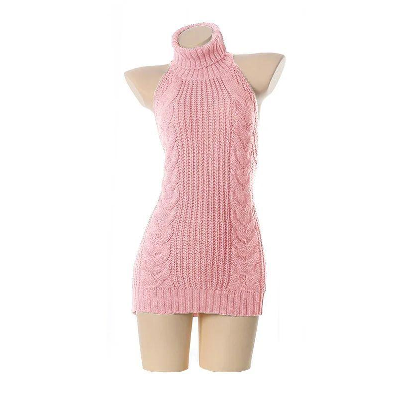 

High Neck Sleeveless Seamless Sweater Pure Color Turtleneck Sleeveless Backless Sweater Pink One size