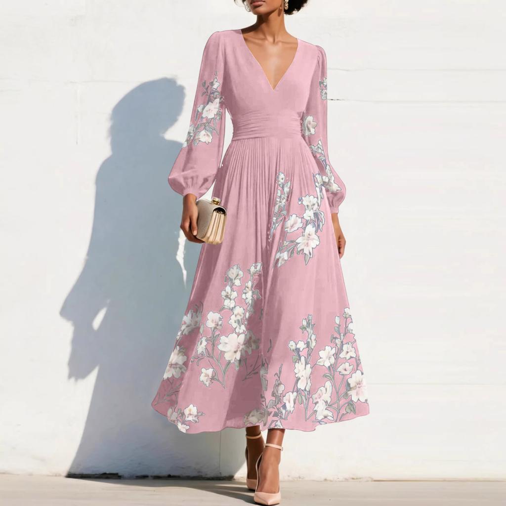 Damen Maxikleid mit langen Ärmeln, V-Ausschnitt, Falten und Blumendruck, Elegante Passform, Ausgestellter Schnitt, Lange Länge, Für Freizeit und formelle Anlässe