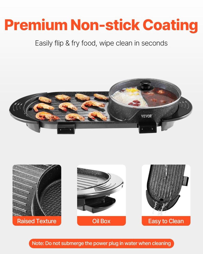 Hot Pot with Grill 2200W 2-in-1 Electric Smokeless Grill and Hot Pot