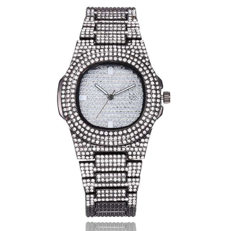Stilvolle und einfache Zigeuner Strassstein Quarz Uhr, Damen Voll Diamant Kalender Stahlarmband Damen Uhr