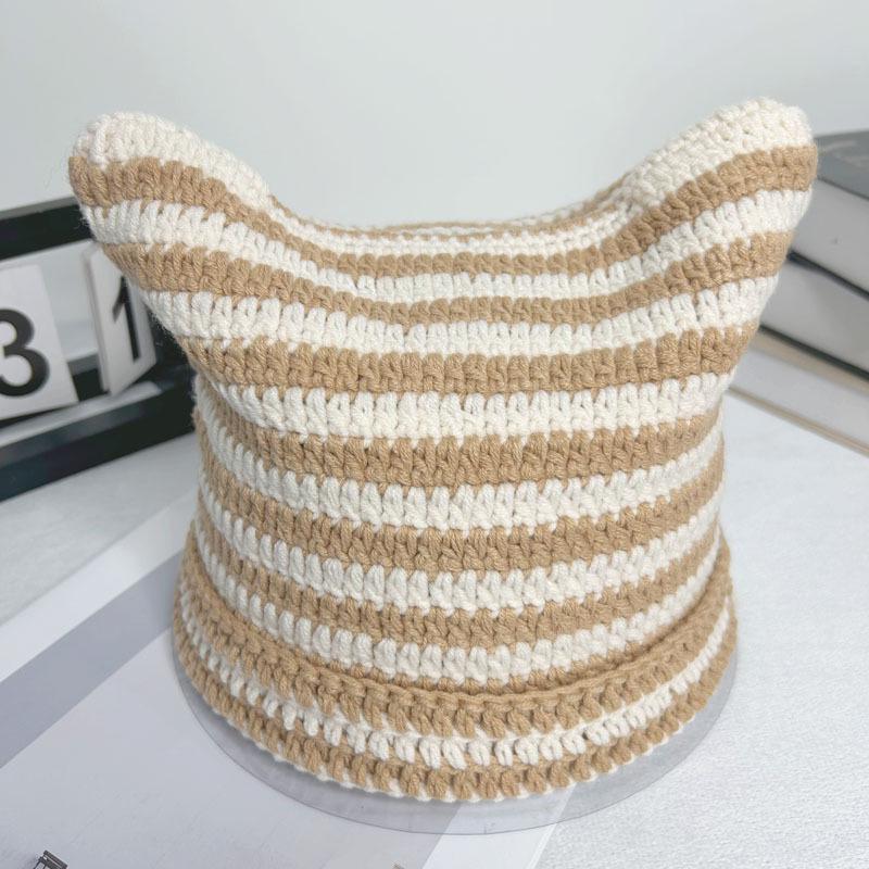 Autumn-Winter Striped Woolen Hat with Cute Cat Ears - Fashionable, Versatile Devil Design.