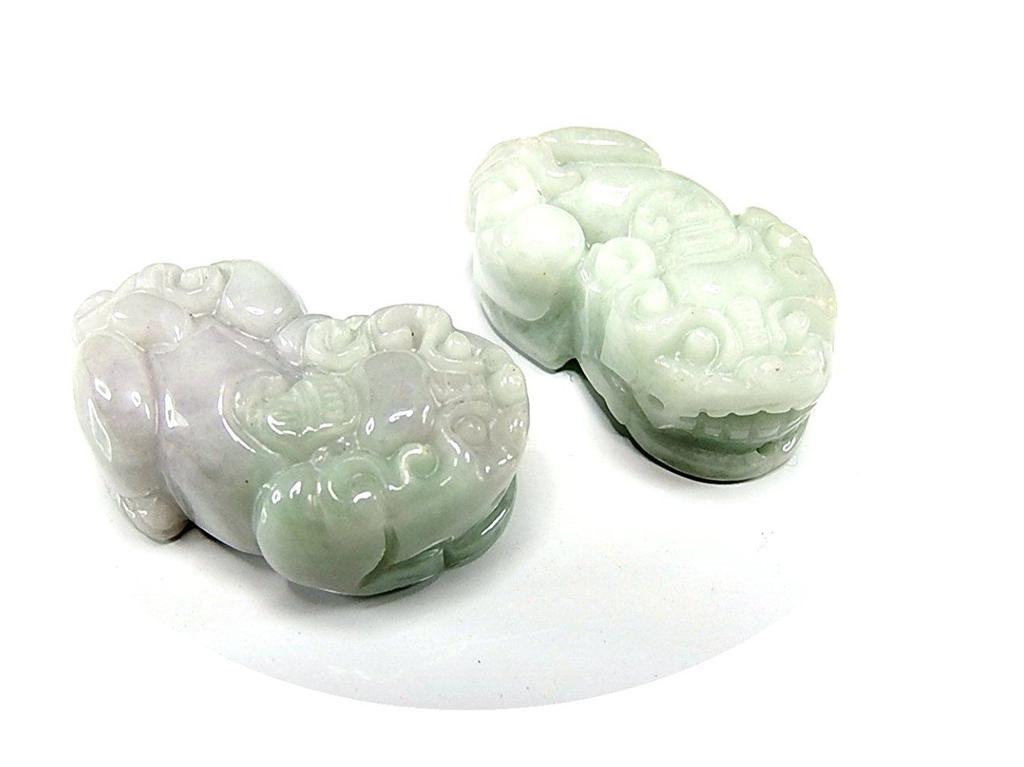 Hikyuu Pixiu Genuine Jade Jadeite Natural Stone 2 Piece Pair Ornament Feng Shui Item Money Luck [Ishigai]