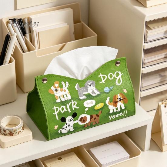 Desktop Organizer Box Leather Tissue Cover with Cartoon Puppies Pattern, Foldable Organizer, Napkin Holder Dorm Room Storage Case, Facial Paper