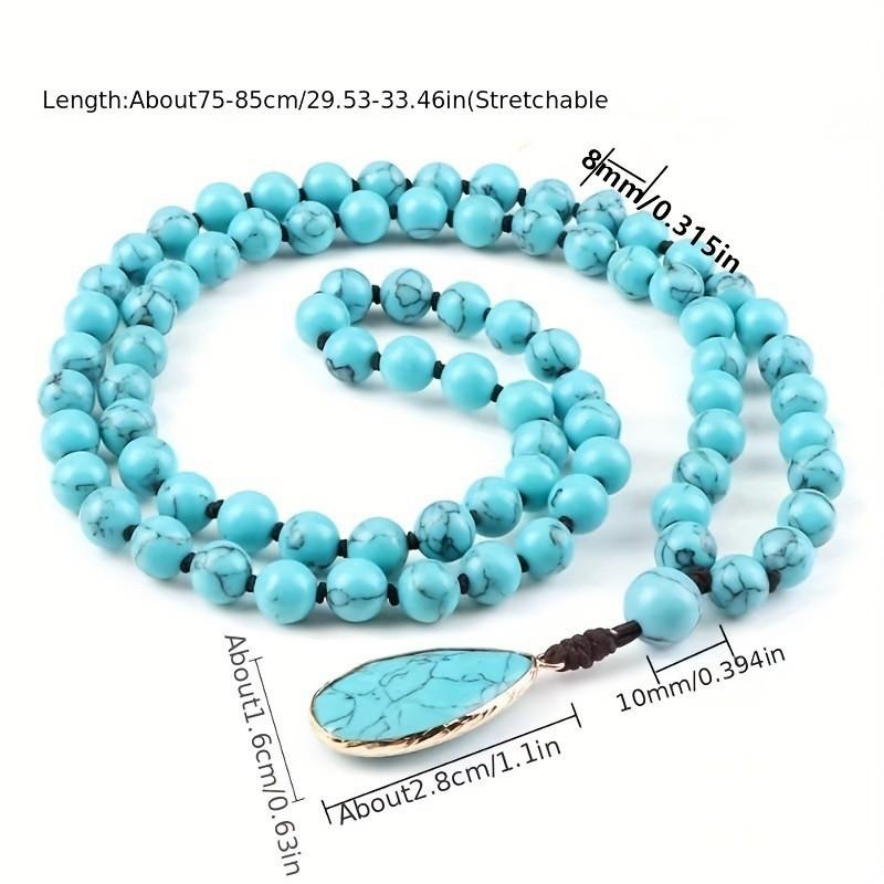 JMXD-Bohemian turquoise necklace fashionable retro ethnic style hand-knotted water drop pendant long necklace