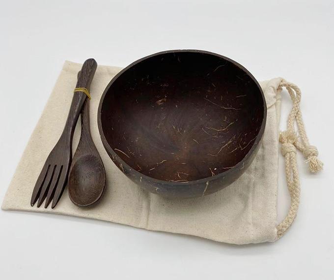High Quality Best Selling Custom logo Coconut Bowl Set of 1 Bowl and Spoon Fork with Cotton Bag 11-14 cm