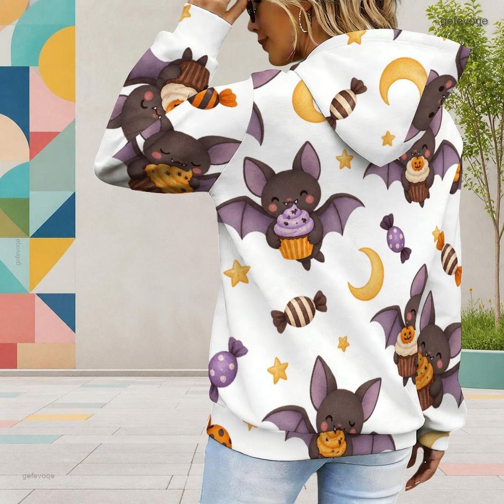 Women Plus Size Long Sleeve Drawstring Hoodie Cute Cartoon Bat Print White Kangaroo Pocket Pullover