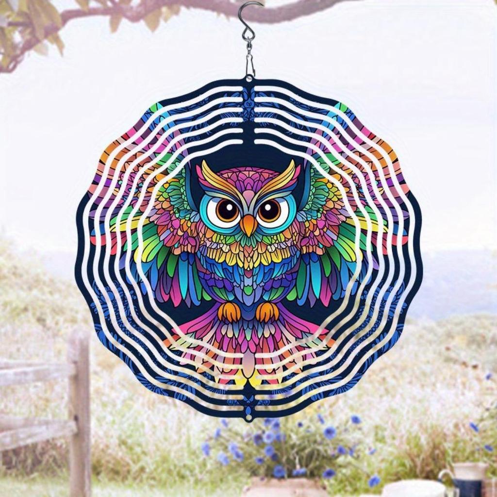 Colorful 3D Owl Metal Wind Chime - Outdoor Hanging Garden Decor with 360° Rotating Hook, Handcrafted Patio Ornament for Home, Wedding