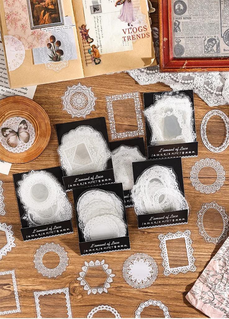 30Pcsbag Clear White Lace Pattern Stickers Retro Vintage Classic Pet Diy Journaling Album Diary Scrapbooking Collage Materials