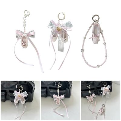 Girls Elegant Ballet Dance Shoe Keychain, Charm Pendnat Fashionable Bag Charm with Pearlescent Bowknot Designs