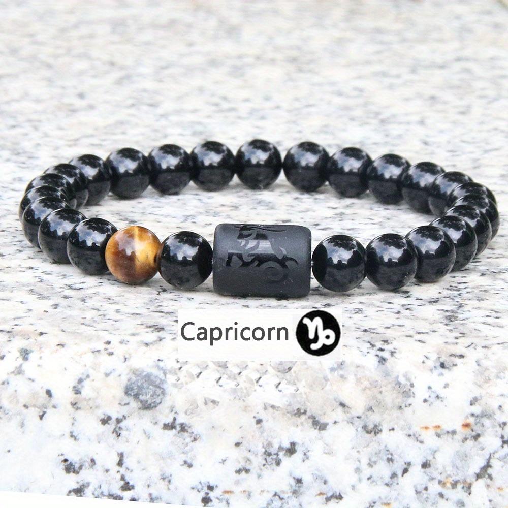 New Twelve Constellation Stretch Bracelet Male Simple Obsidian Engraved Couple Beaded Fashion Commuter Bangle Natural Stone