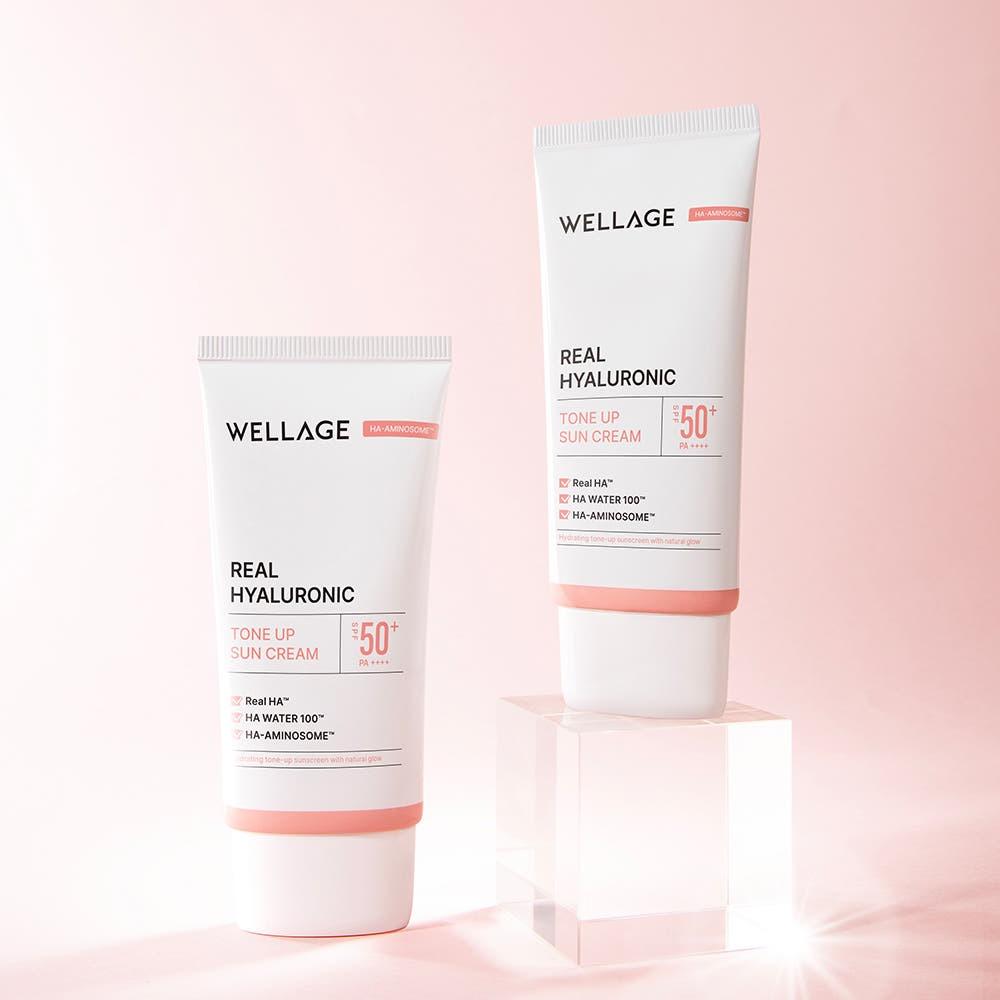 WELLAGE Real Hyaluronic Tone Up Sun Cream Hydrating Glowing 50ml Korean Sunscreen Daily Tone Up Base
