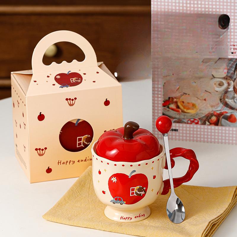 Cupa Drăguță Apple cu Capac Cană Ceramică Suvenir Cupă pentru Apă Potabilă Birou Cupă de Cafea cu Aspect Înalt Crăciun