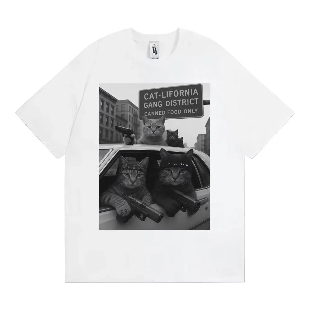 Unique Funny Cat Gang Meme Print T Shirt Unisex High Street Harajuku Y2k Oversized T-shirts Men Summer Tops Loose Cotton T-shirt