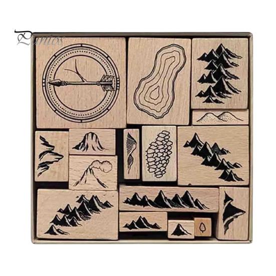 

1 набор штампов ручной работы с 16 деревянными резиновыми штампами для самостоятельного изготовления декоративных штампов в виде гор, рек, лесов, зданий B