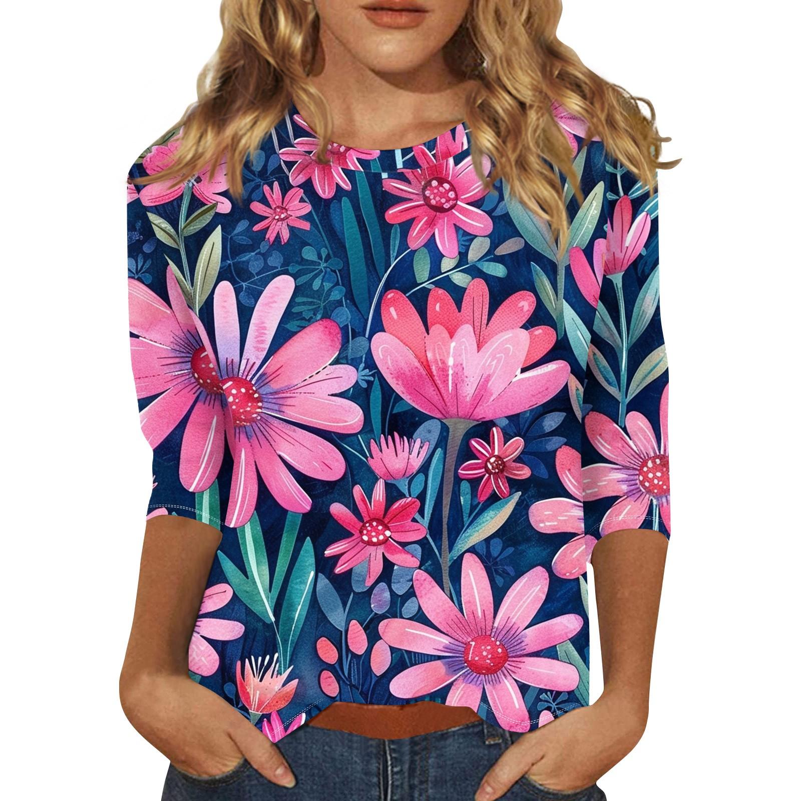 

Женский топ с цветочным принтом, круглым вырезом и рукавами три четверти Футболка Футболка с рукавами три четверти XXXXXL розовый